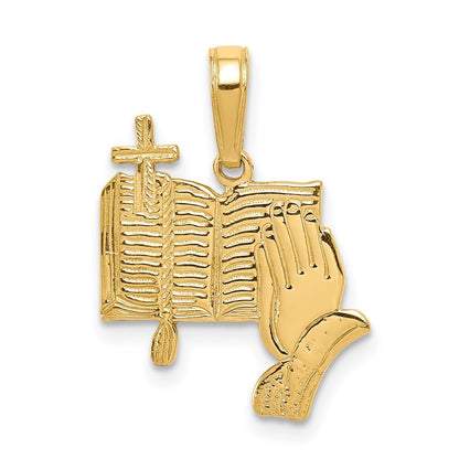 14k Yellow Gold Bible, Praying Hands, and Cross Pendant for Women