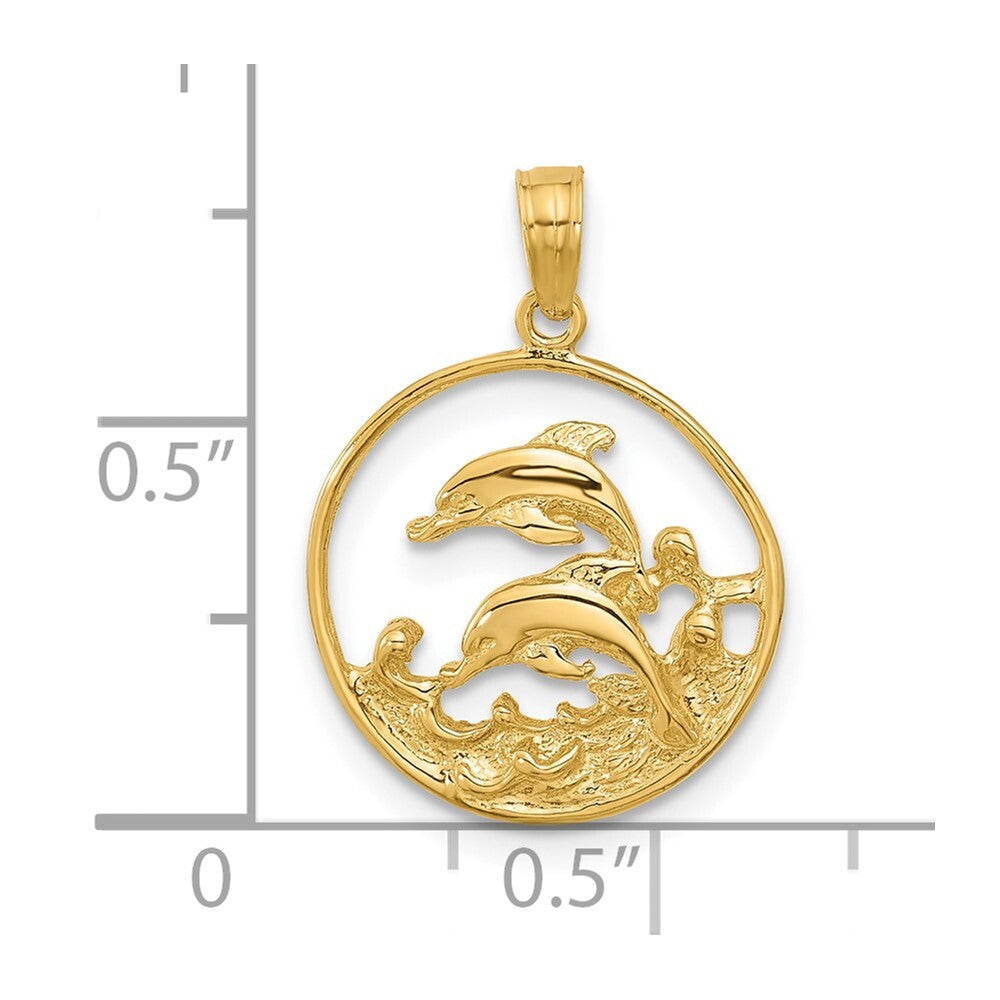 14k Yellow Gold Double Dolphin Circle Pendant for Women