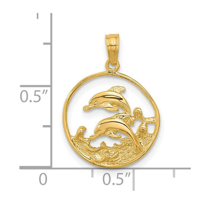 14k Yellow Gold Double Dolphin Circle Pendant for Women