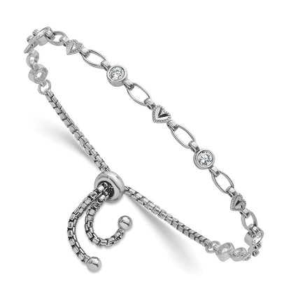 Sterling Silver Round CZ and Diamond-cut Heart Adjustable Bolo Bracelet
