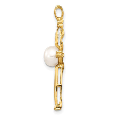 14k Yellow Gold 7mm Button Freshwater Cultured Pearl & Diamond Cross Pendant