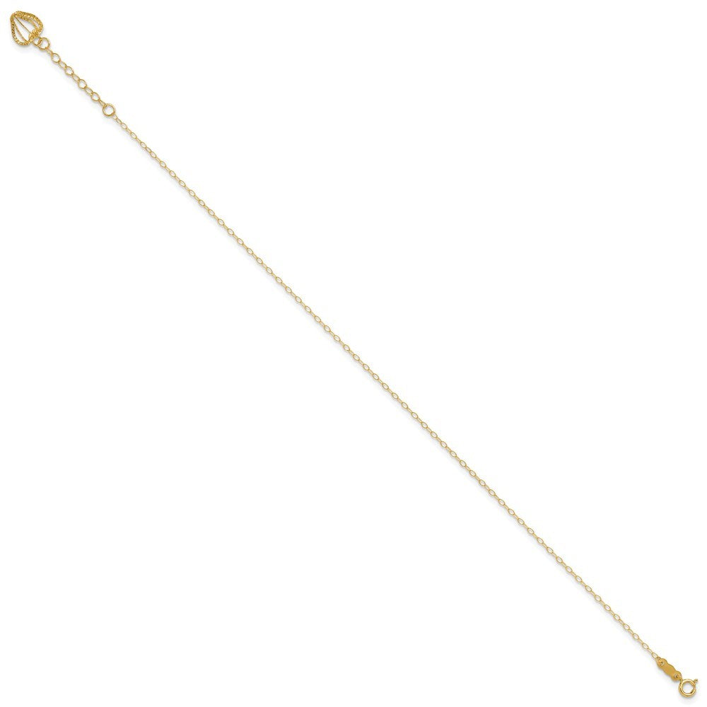 14k Yellow Gold Cable Chain with Diamond-cut Heart Cage Dangle 10" Anklet