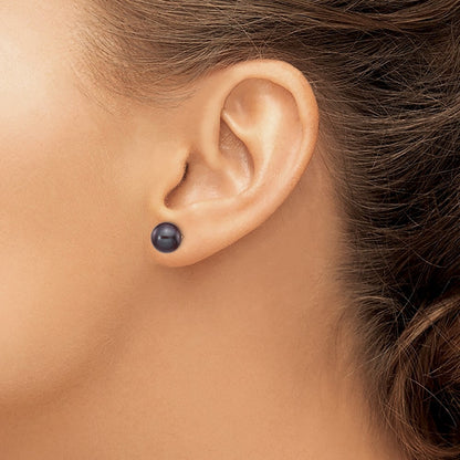 14k Yellow Gold 8-9mm Black Round Freshwater Cultured Pearl Stud Earrings