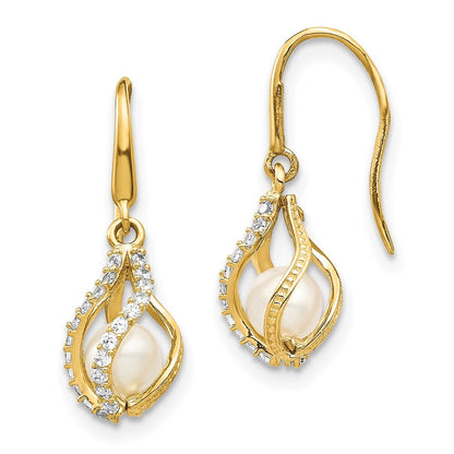 14k Yellow Gold Freshwater Cultured Pearl Cubic Zirconia Cage Dangle Earrings