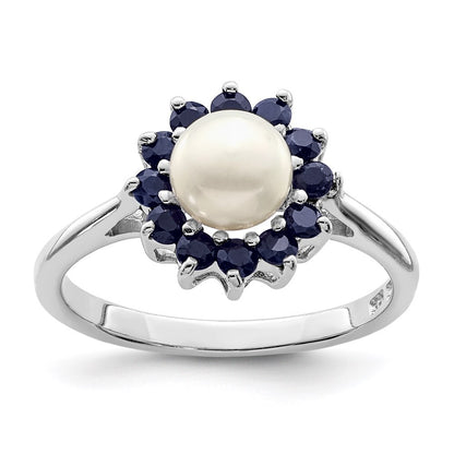 Sterling Silver Rhod 6mm FW Cultured Button Pearl & Sapphire Ring Size 6