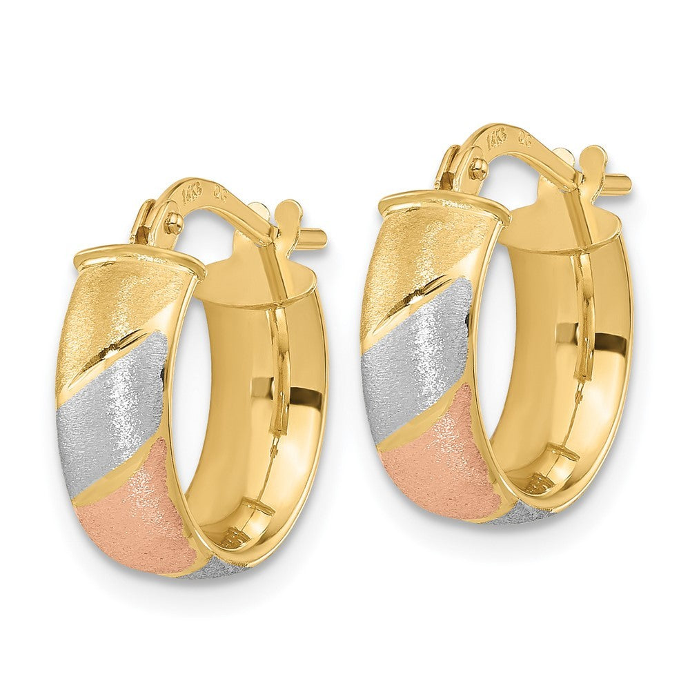 14k Yellow Gold w/White and Rose Rhodium Polished Satin Hoop Earrings