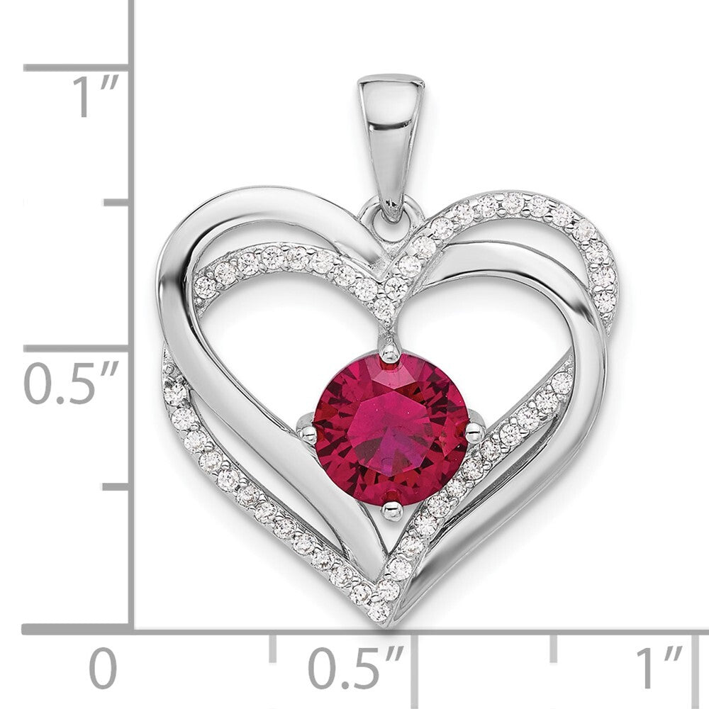 Sterling Silver Rhodium-plated Red and White Cubic Zirconia Double Heart Pendant