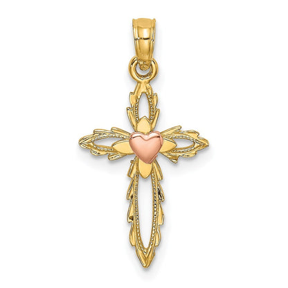14k Two-tone Gold Cross  Heart Charm Pendant for Women