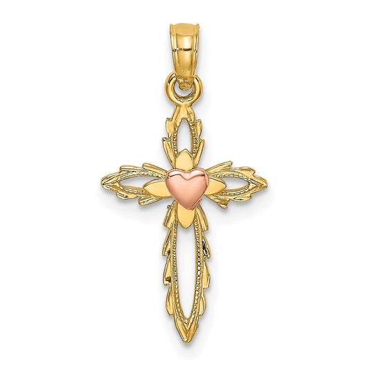 14k Two-tone Gold Cross  Heart Charm Pendant for Women