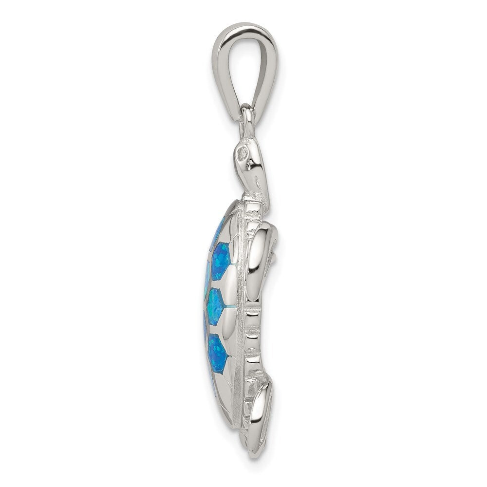 Sterling Silver Created Blue Opal Inlay/Cubic Zirconia Tortoise Pendant