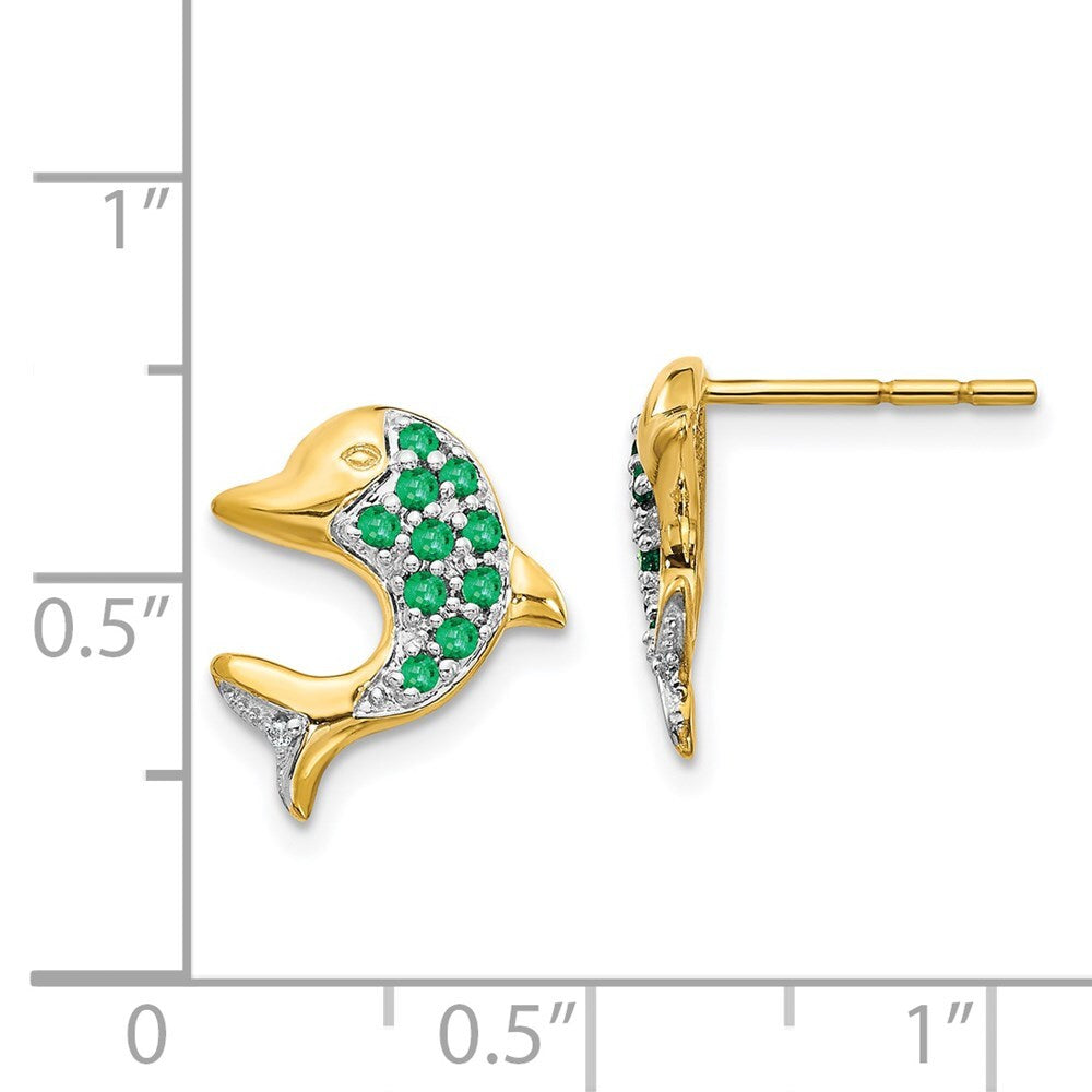 14k Yellow Gold and Rhodium Emerald and Diamond Dolphin Stud Earrings