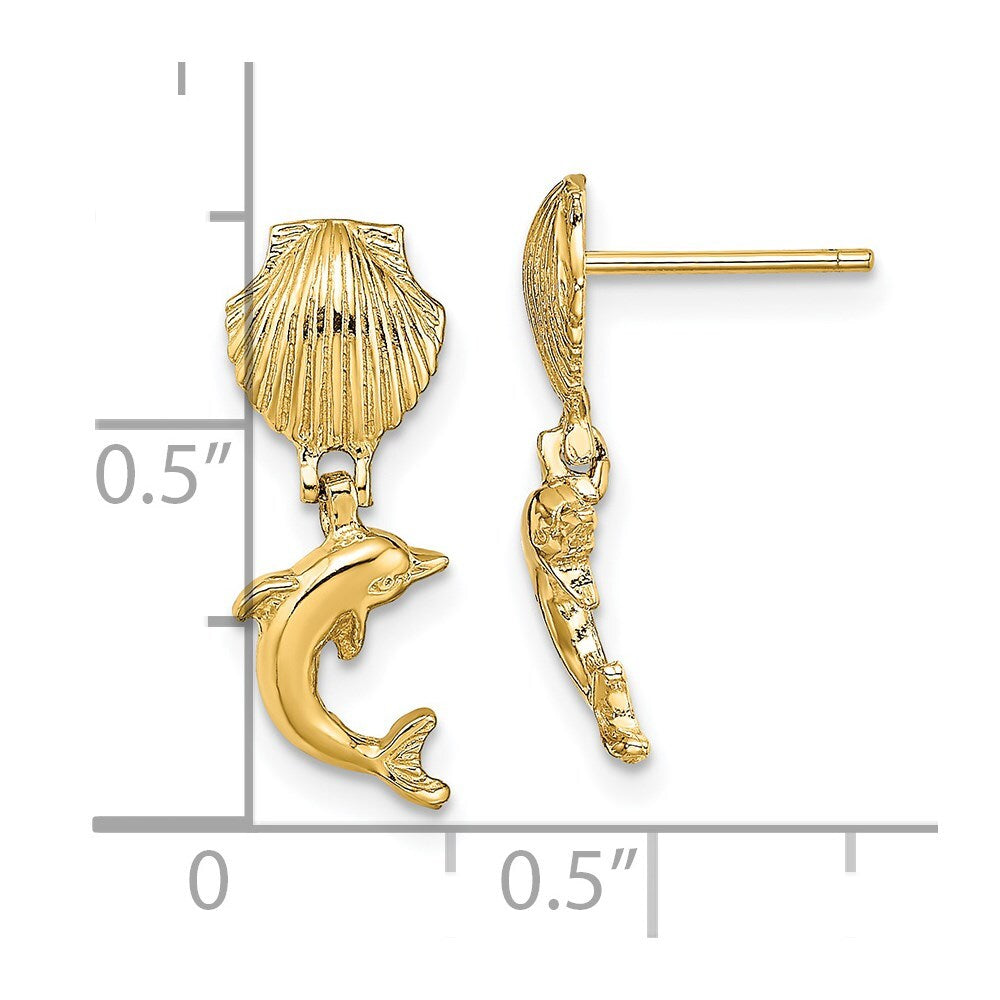 14k Yellow Gold Dolphin Dangle From Mini Scallop Earrings Gift for Women