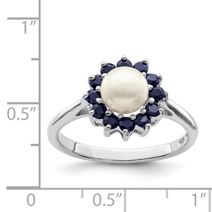 Sterling Silver Rhodium 6mm FW Cultured Button Pearl & Sapphire Ring Size 7