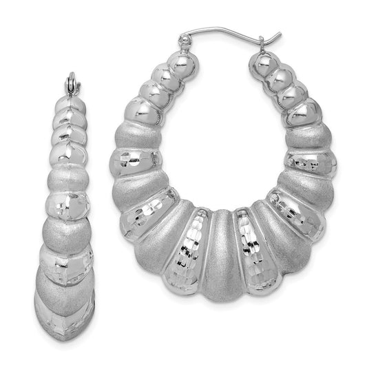Sterling Silver Rhodium-plated Satin & Diamond-cut Shrimp Oval Hoop Earrings
