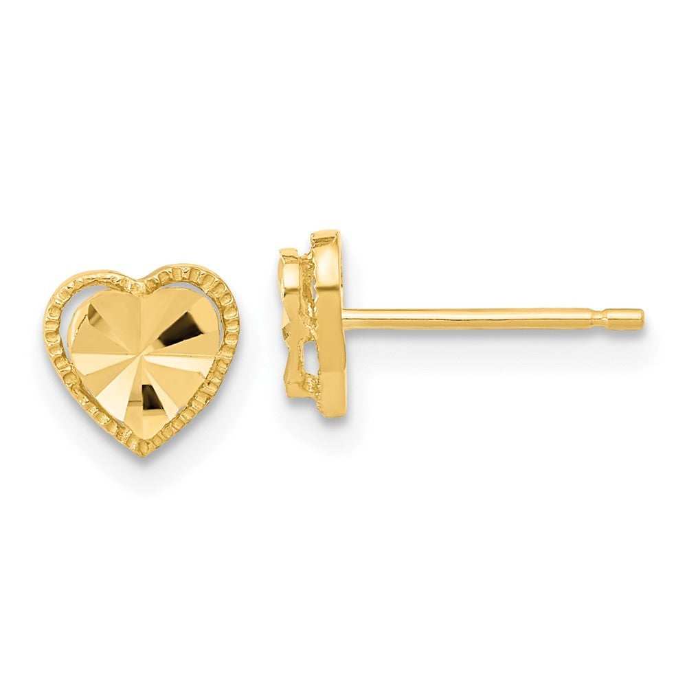 14k Yellow Gold Polished Diamond-cut Heart Earrings