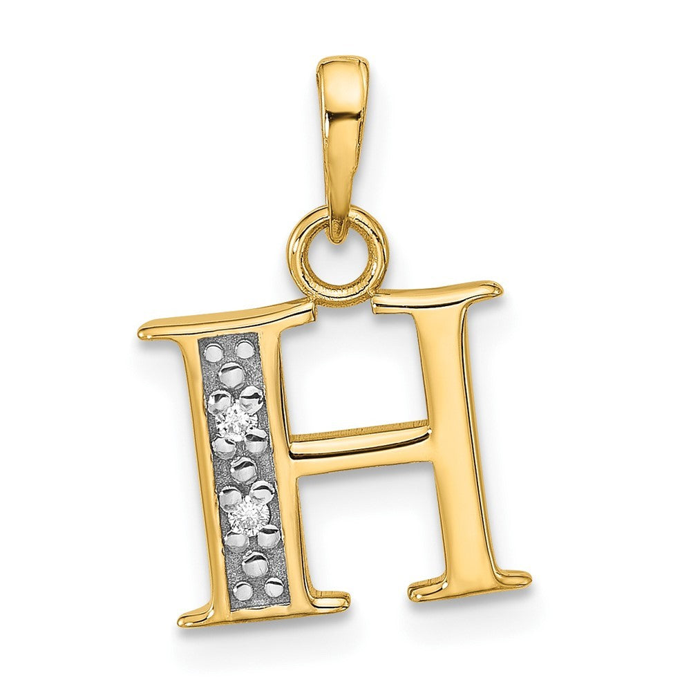 14k Yellow Gold with Rhodium Diamond Letter H Initial Pendant