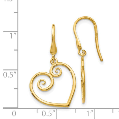 14k Yellow Gold Heart Drop Dangle Earrings w/ Shepherd Hook