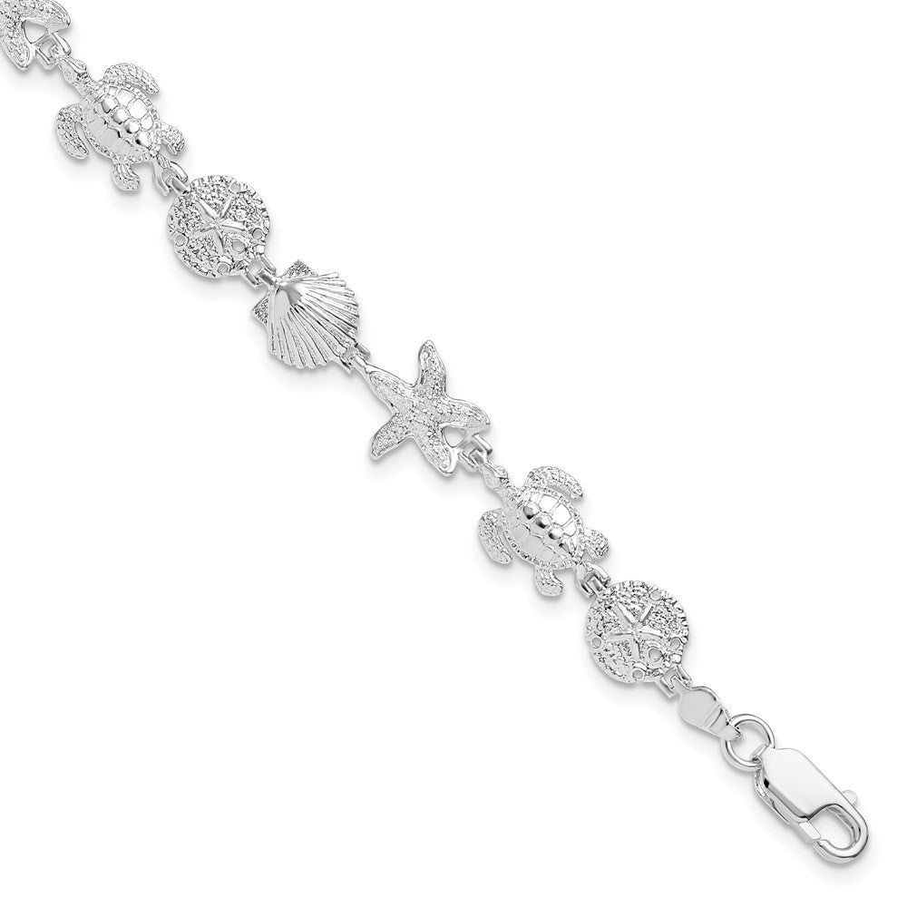 Sterling Silver Rhodium-plated Polished and Textured Sea Life 7.25 inch Bracelet
