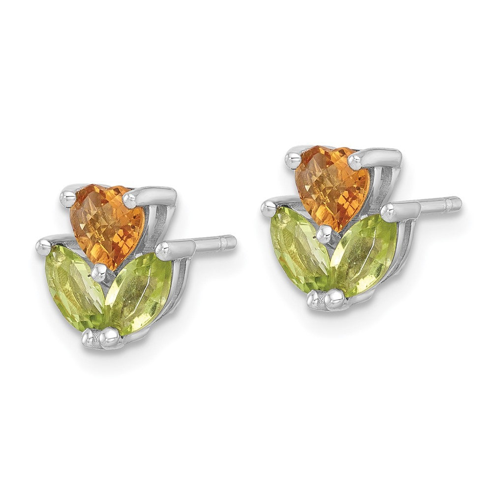 Sterling Silver Polished Heart Citrine and Peridot Flower Earrings