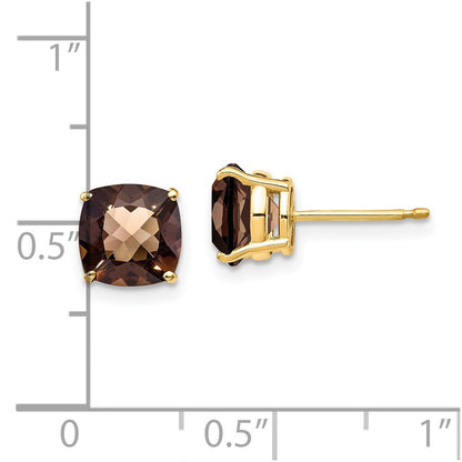 14k Yellow Gold 7mm Cushion Checker-Cut Smoky Quartz Earrings Gift for Women