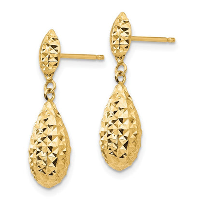 14k Yellow Gold Diamond-cut Puff Teardrop Dangle Earrings Gift for Women