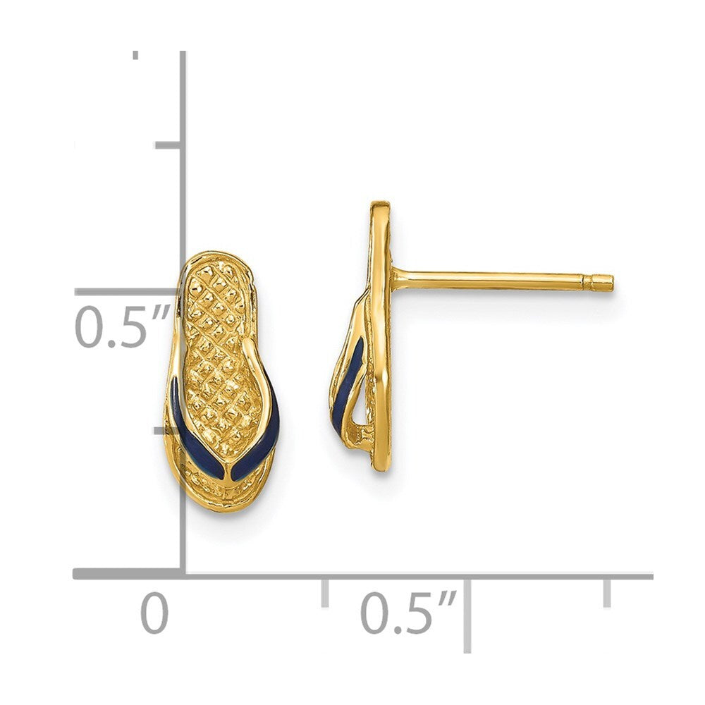 14k Yellow Gold 3D Blue Enamel Single Flip-Flop Stud Earrings Gift for Women