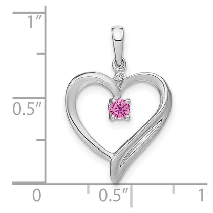 14k White Gold Created Pink Sapphire and Diamond Heart Pendant for Women