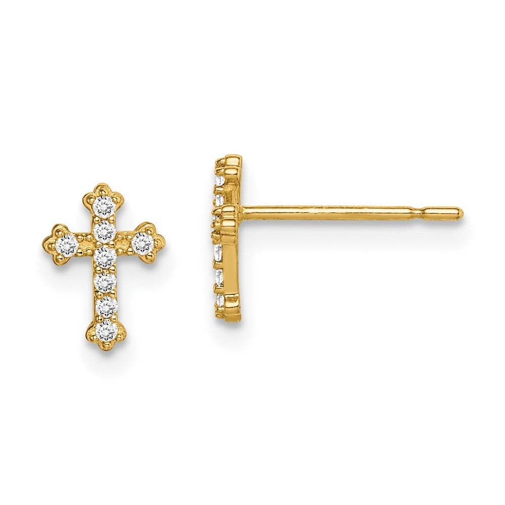 14k Yellow Gold Cubic Zirconia Cross Stud Earrings