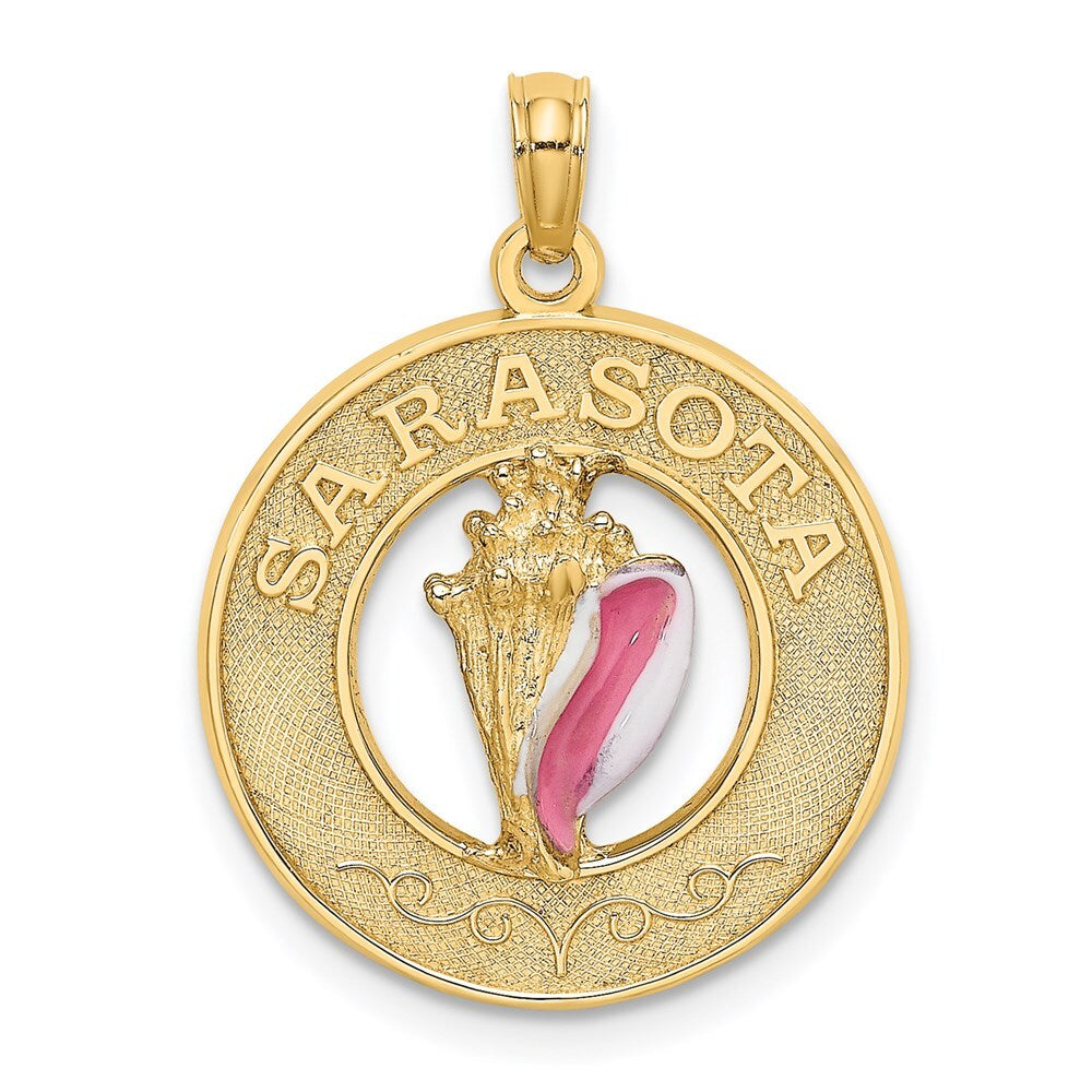 14k Yellow Gold SARASOTA Circle  Enamel Conch Shell Charm Pendant for Women