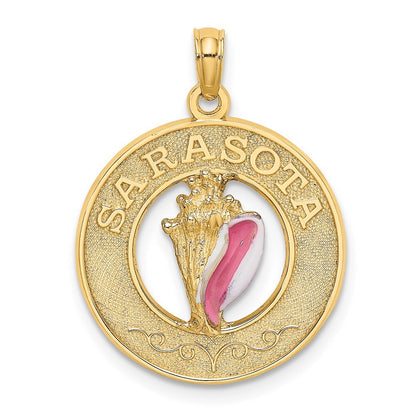 14k Yellow Gold SARASOTA Circle  Enamel Conch Shell Charm Pendant for Women