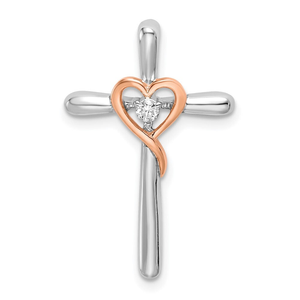 14k Two-tone Gold  White & Rose Cross Heart Diamond Chain Slide Pendant