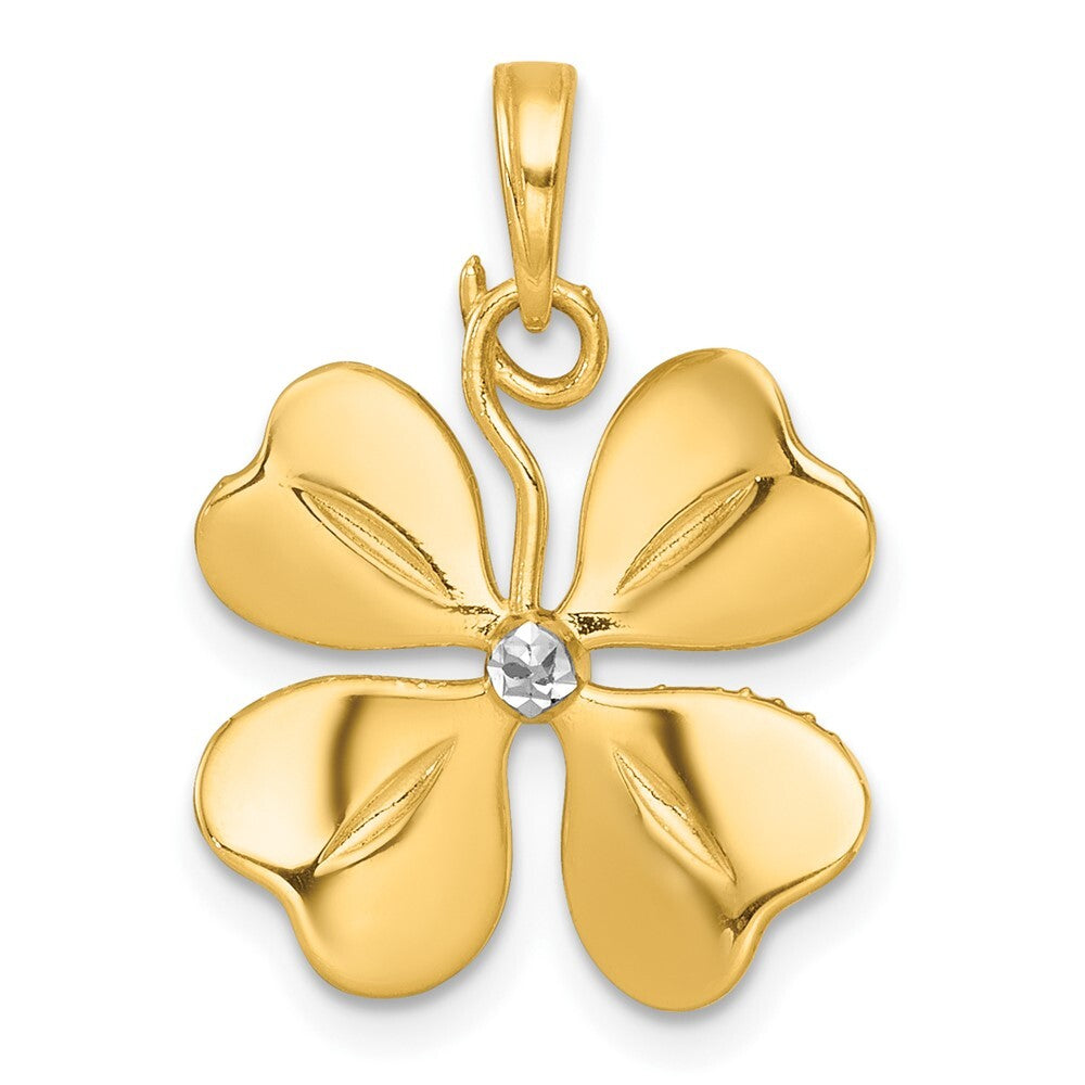 14k Yellow Gold with White Rhodium Polished 4 Leaf Clover Charm Pendant
