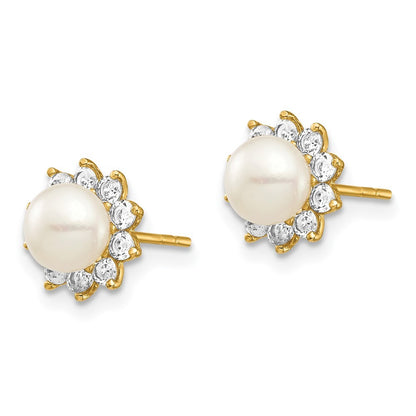 14k Yellow Gold 5-6mm Button Cultured Pearl & Cubic Zirconia Stud Earrings