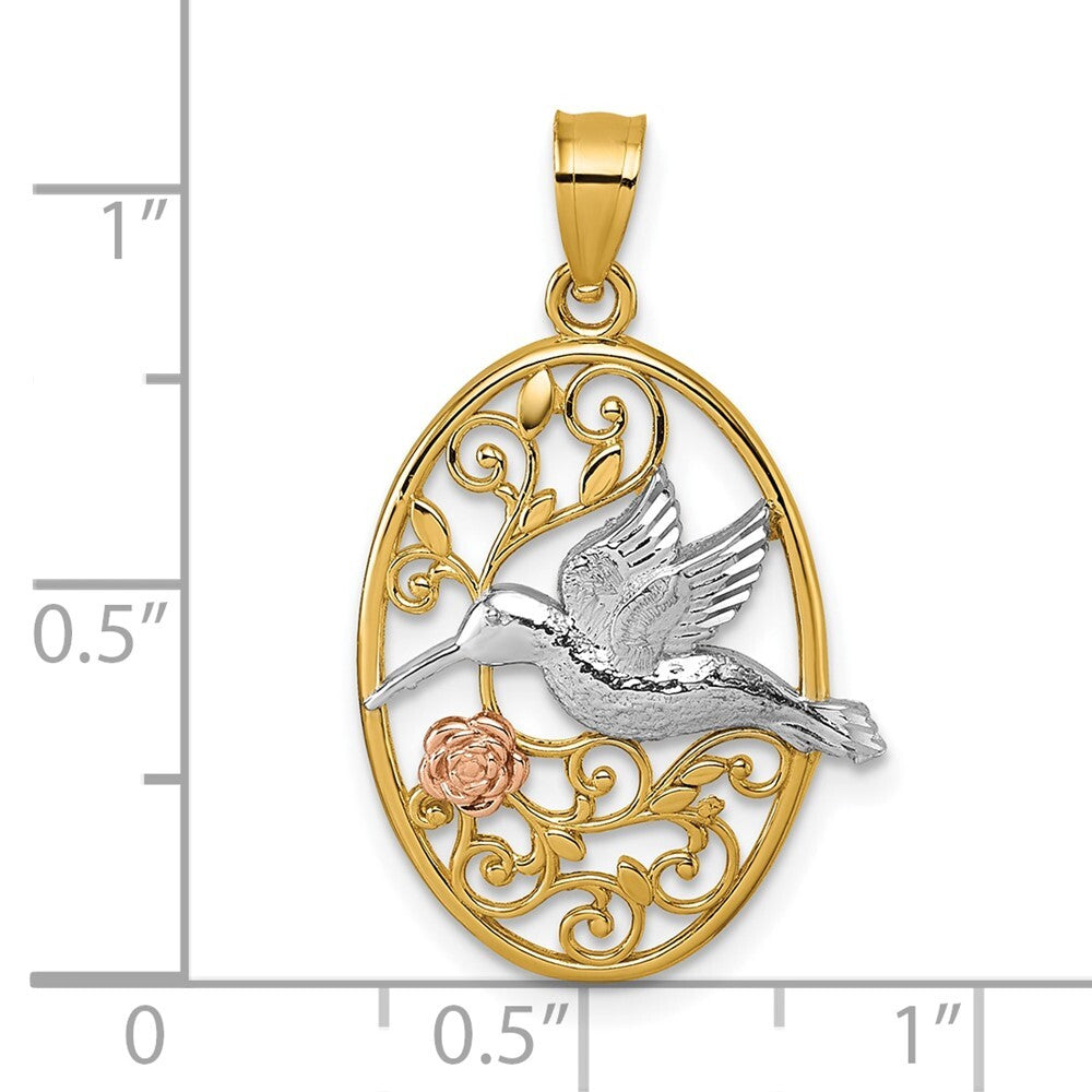 14k Two-tone Gold  White Rhodium Polished Humming Bird & Flower Pendant