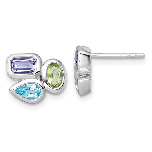 Sterling Silver Pear Blue Topaz, Oval Peridot & Emerald-cut Amethyst Earrings