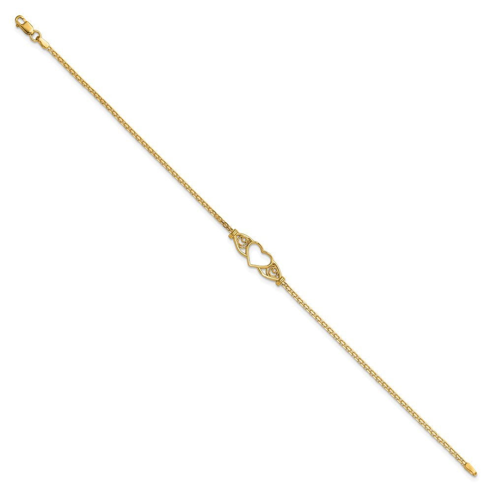 14k Yellow Gold Polished Open Heart with Filigree and Bismark Chain 9" Anklet