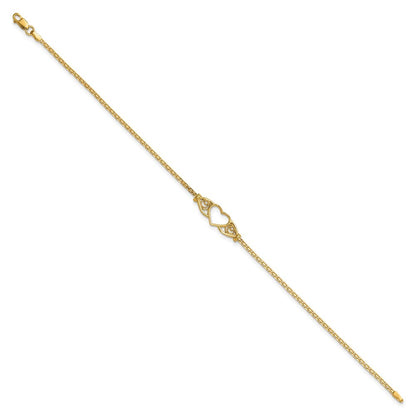 14k Yellow Gold Polished Open Heart with Filigree and Bismark Chain 9" Anklet