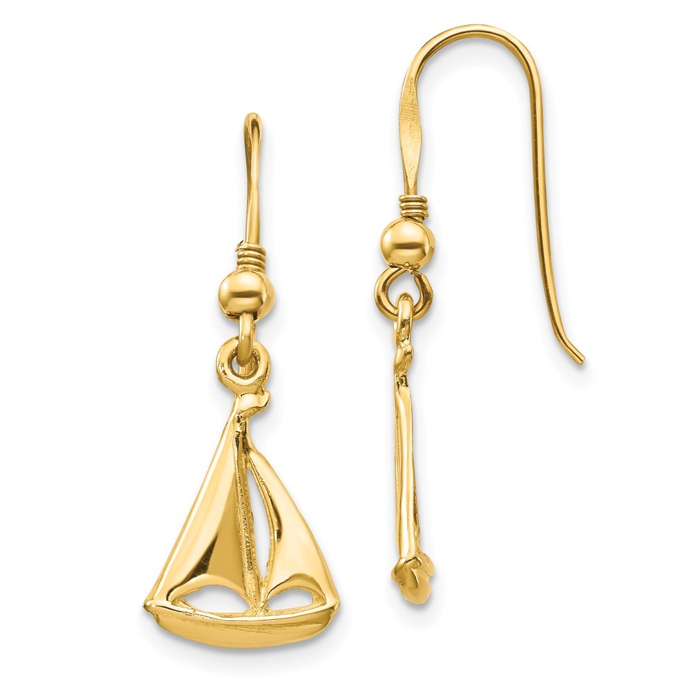 14k Yellow Gold Sailboat Drop Dangle Earrings w/ Shepherd Hook