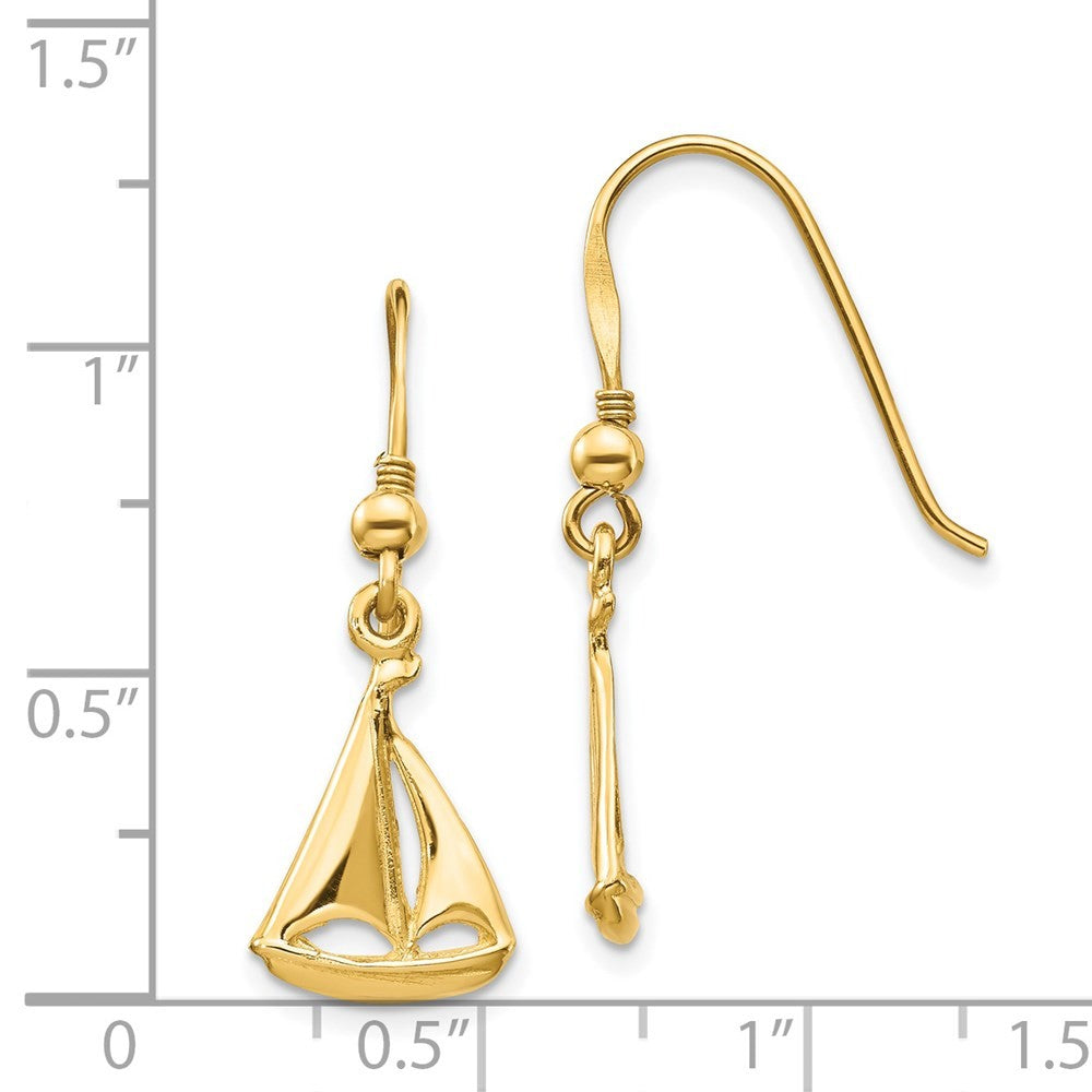 14k Yellow Gold Sailboat Drop Dangle Earrings w/ Shepherd Hook