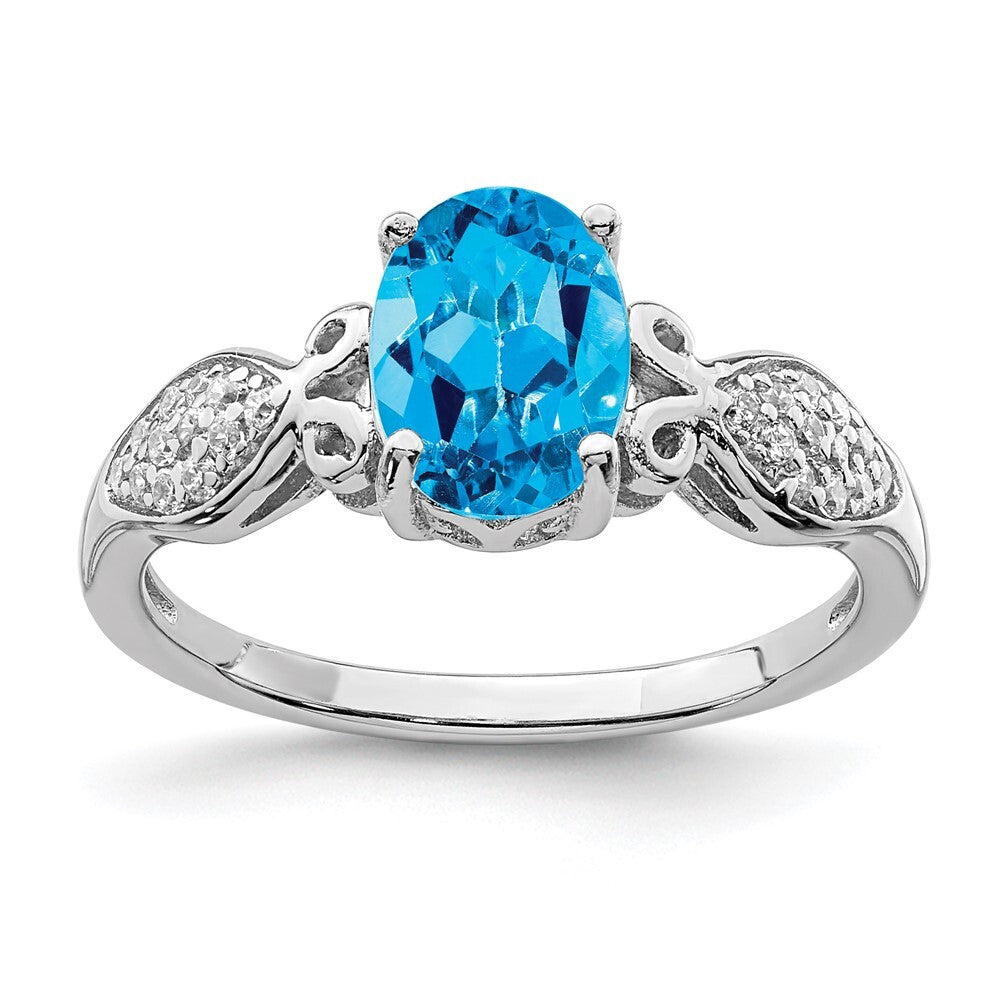 Sterling Silver Rhod-plated Polished Blue Topaz and Cubic Zirconia Ring SZ 8