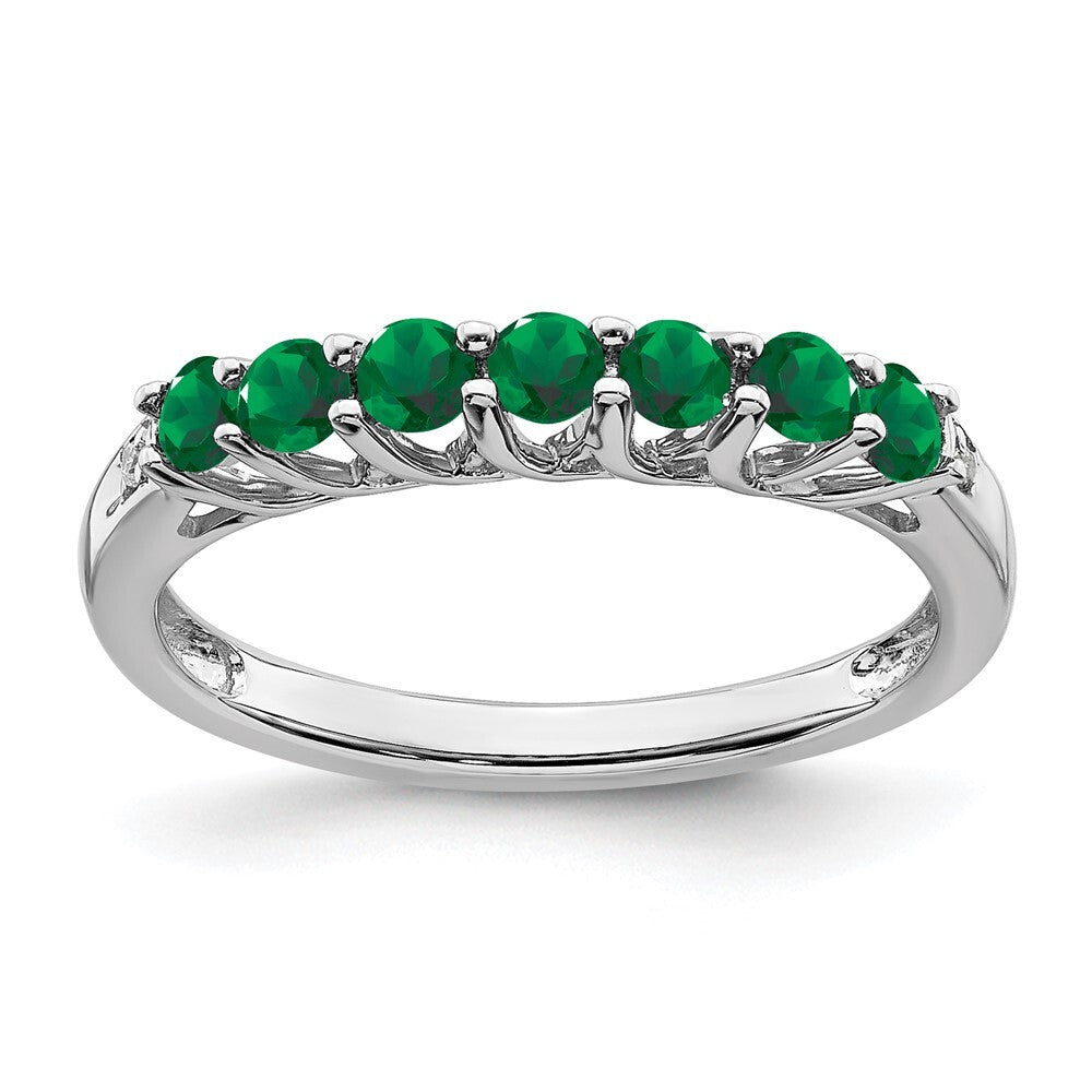 14k White Gold Created Emerald and Diamond 7-stone Ring Size 7