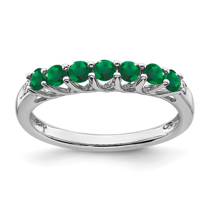 14k White Gold Created Emerald and Diamond 7-stone Ring Size 7