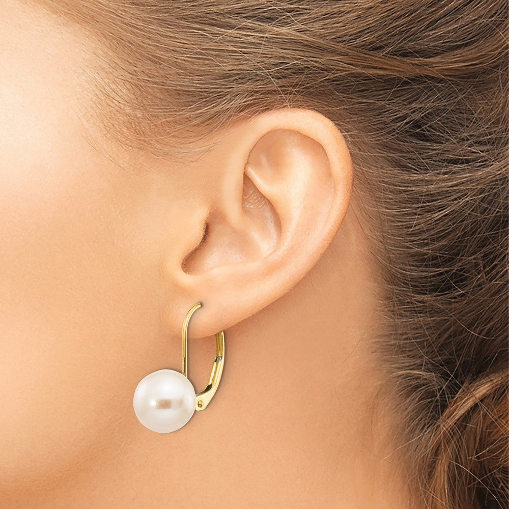 14k Yellow Gold 8-9mm White Round Freshwater Cultured Pearl Leverback Earrings