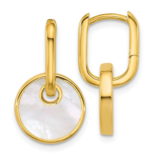 Sterling Silver Gold-plated  Mother of Pearl Circle Drop Hinged Hoop Earrings