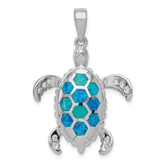 Sterling Silver Created Blue Opal Inlay Cubic Zirconia Tortoise Pendant