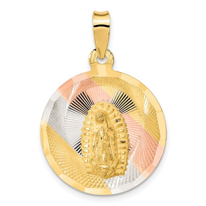 14k Yellow Gold Rhodium Polished Diamond-cut Lady Of Guadalupe Circle Pendant