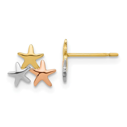 14k Yellow Gold with Rose and White Rhodium Polished Stars Earrings