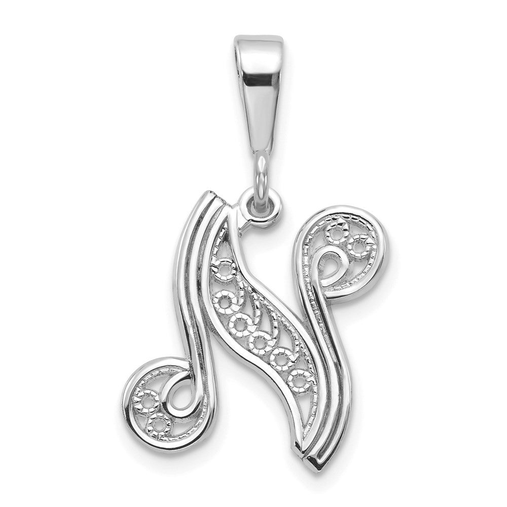 14k White Gold Solid Polished Script Filigree Letter N Initial Pendant