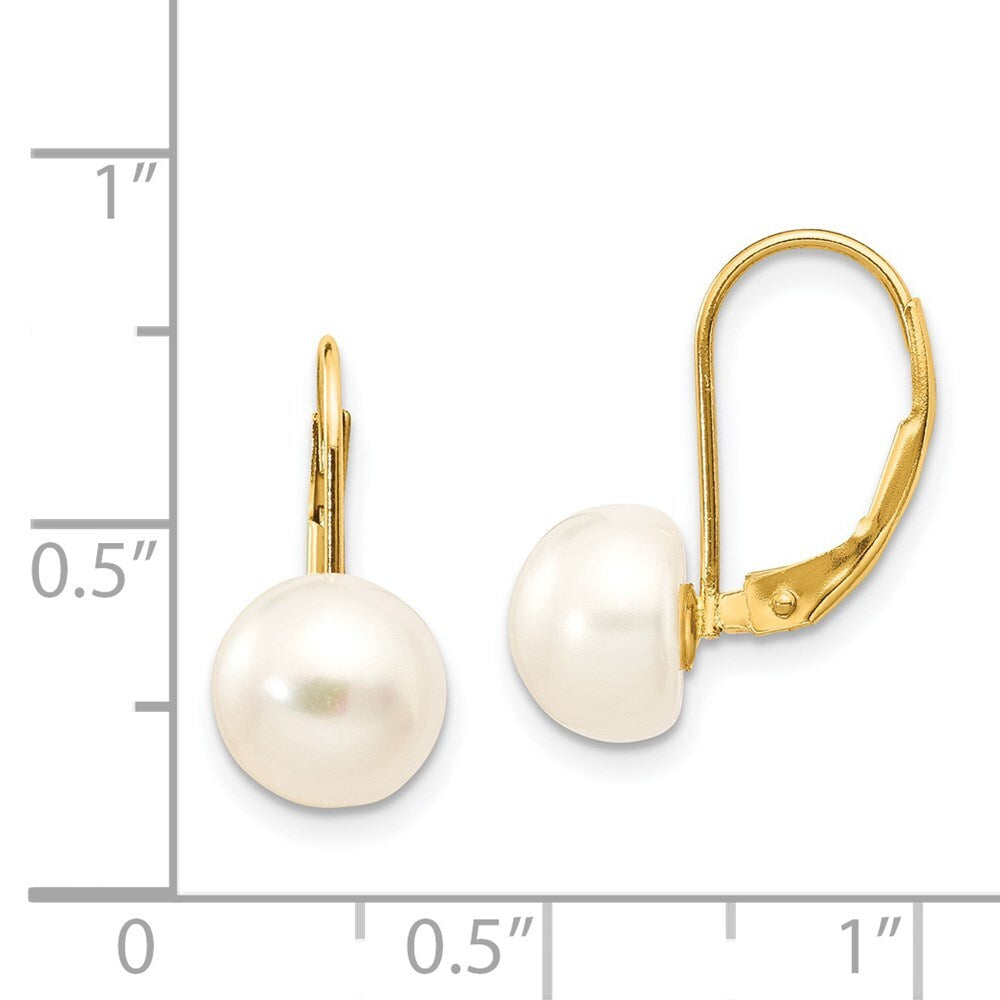 14k Yellow Gold 8-9mm White Button Freshwater Cultured Pearl Leverback Earrings
