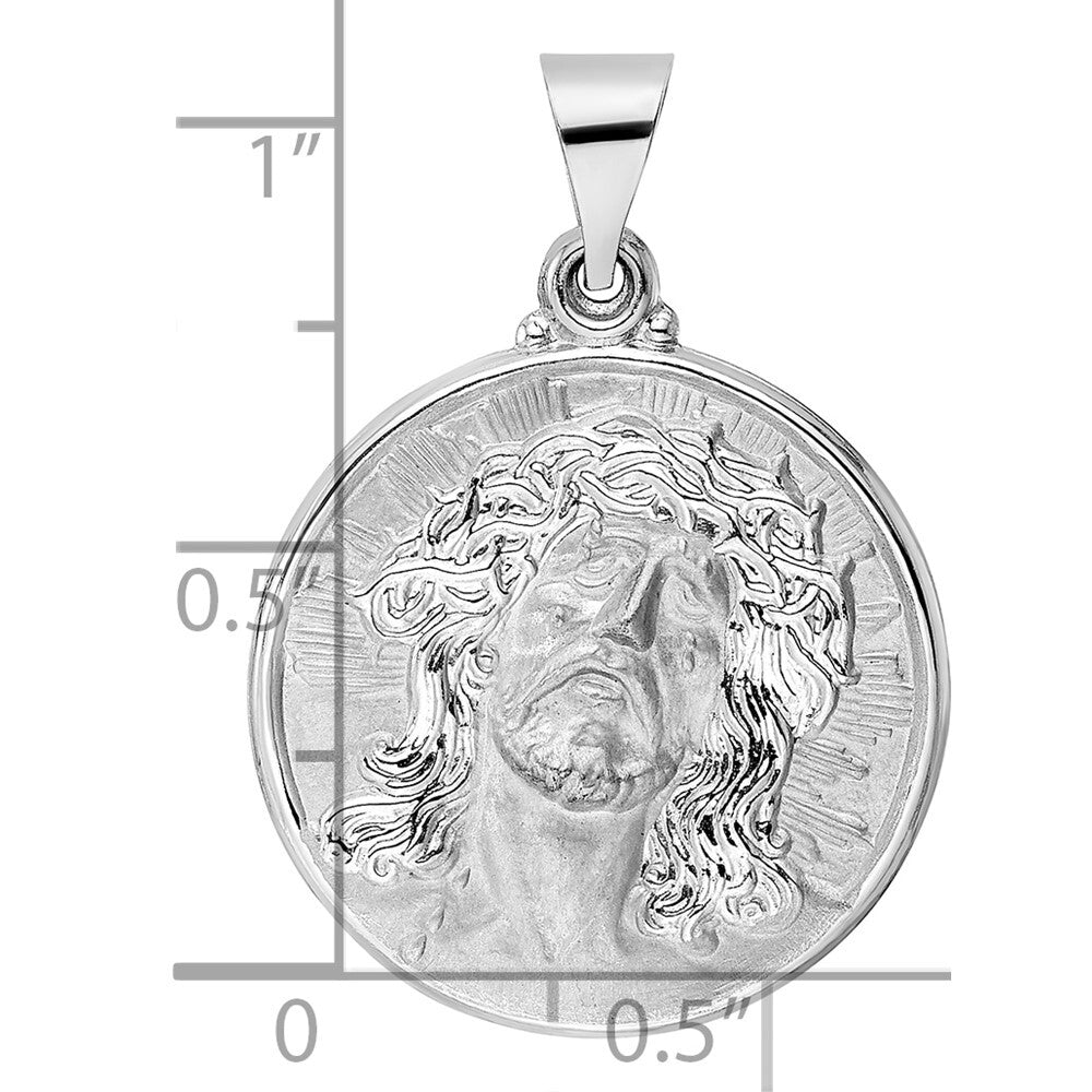14k White Gold Polished and Satin Hollow Jesus Face Disc Pendant for Women